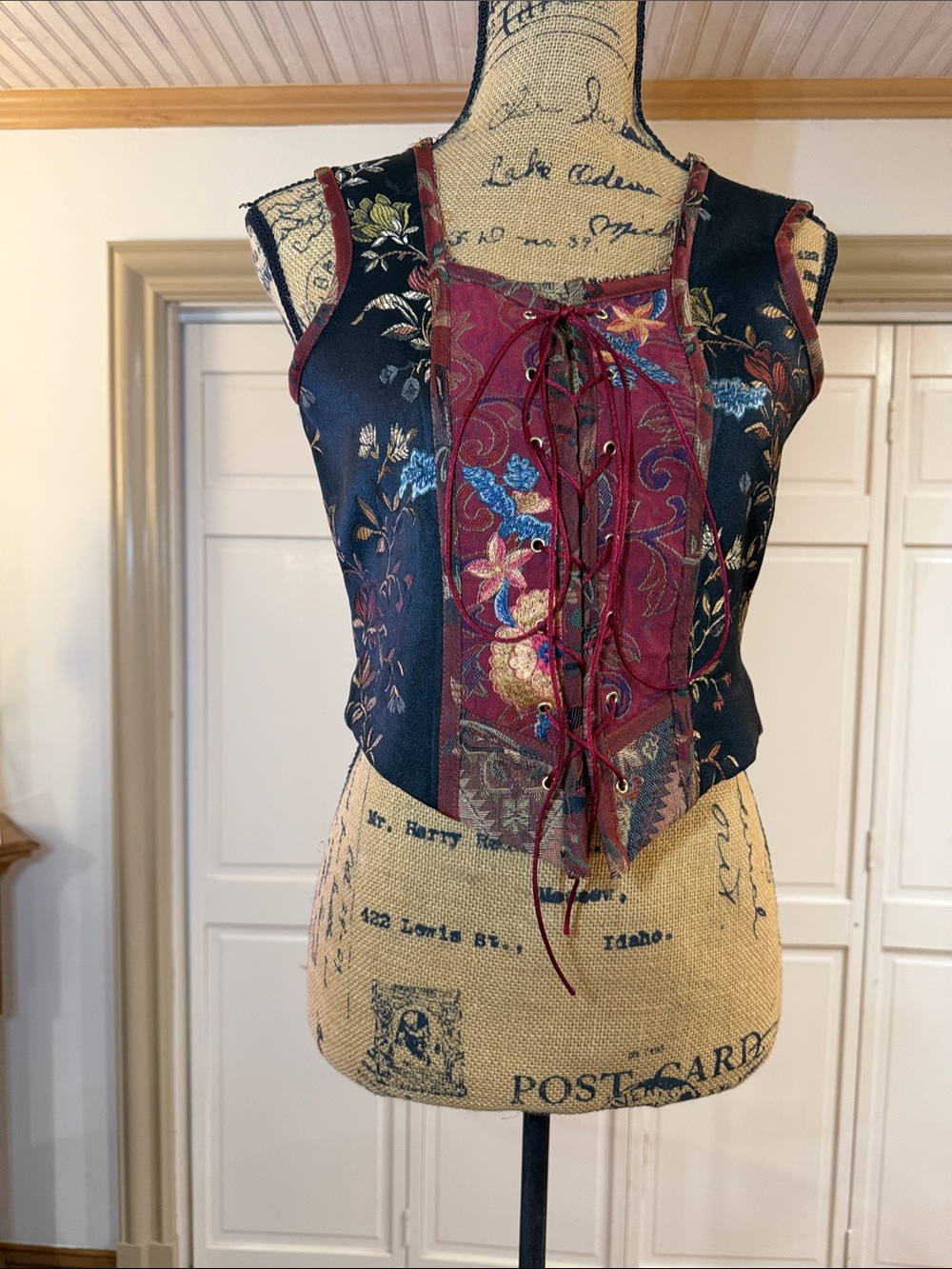 Vintage tapestry lace up vest corset top floral and damask pattern red lacing